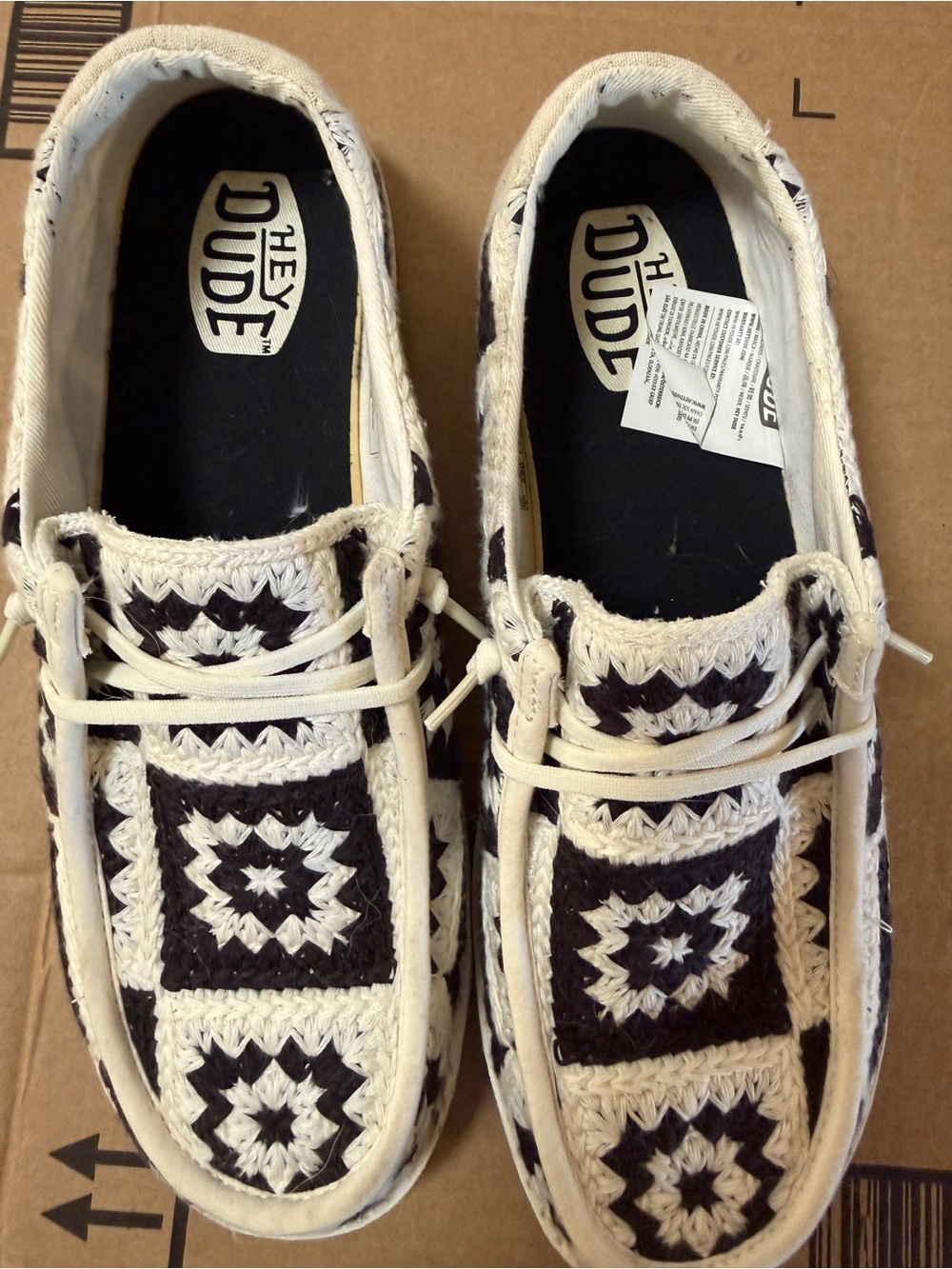 Hey Dude Women’s Black & Cream Crochet Slip-On Moccasins